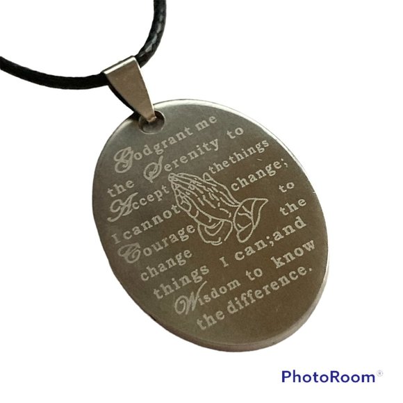 Serenity Prayer Necklace Stainless Steel Pendant Praying Hands Black Cord 18" - Picture 2 of 11